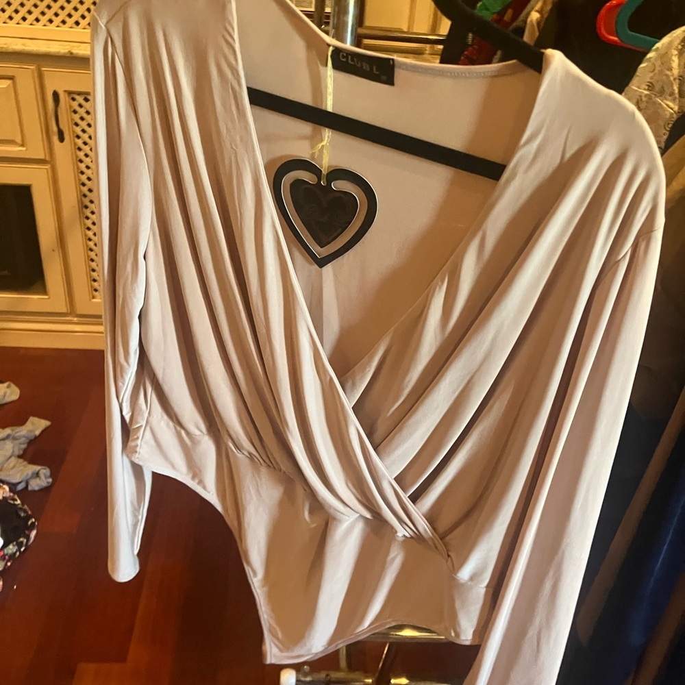 Club L London Cream Long Sleeve Wrap Blouse